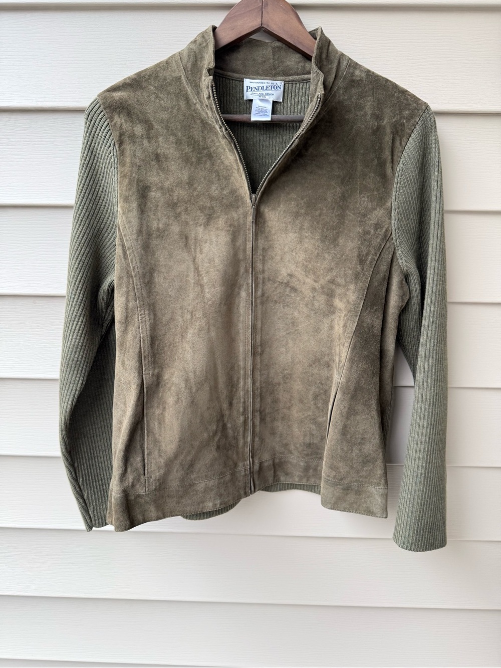 Pendleton Women’s Petite L Olive Suede Leather Merino Wool Zip Jacket